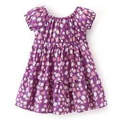 Babyhug 100% Viscose Woven Half Sleeves Frock with Floral Print & Bow Applique - Purple