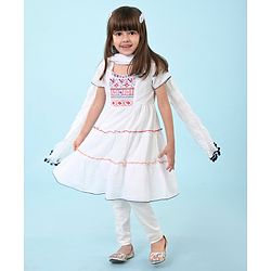Babyhug Cotton Embroidered Half Sleeves Kurta & Knit Churidar Set With Crush Dupatta - White