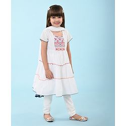 Babyhug Cotton Embroidered Half Sleeves Kurta & Knit Churidar Set With Crush Dupatta - White