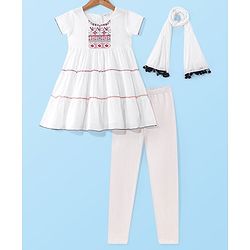 Babyhug Cotton Embroidered Half Sleeves Kurta & Knit Churidar Set With Crush Dupatta - White