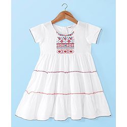 Babyhug Cotton Embroidered Half Sleeves Kurta & Knit Churidar Set With Crush Dupatta - White