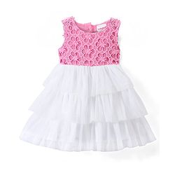 Babyhug Woven Sleeveless Frock with                                                                      Frill &  Floral Lace - Pink