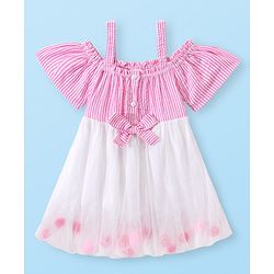 Babyhug Woven Half Sleeves Off Shoulder Striped Frock With Mesh Overlay & Bow - Pink