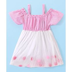 Babyhug Woven Half Sleeves Off Shoulder Striped Frock With Mesh Overlay & Bow - Pink