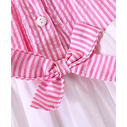 Babyhug Woven Half Sleeves Off Shoulder Striped Frock With Mesh Overlay & Bow - Pink