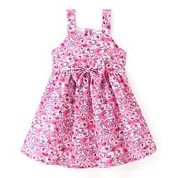Babyhug Woven Sleeveless Frock with Floral Print & Bow Applique - Pink