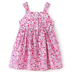 Babyhug Woven Sleeveless Frock with Floral Print & Bow Applique - Pink