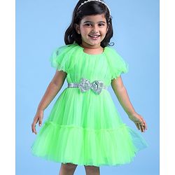 Babyhug Woven Cap Sleeves Party Wear Tiered Dress with Bow Applique - Neon Green
