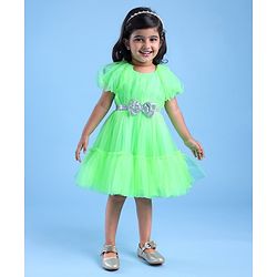 Babyhug Woven Cap Sleeves Party Wear Tiered Dress with Bow Applique - Neon Green