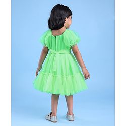 Babyhug Woven Cap Sleeves Party Wear Tiered Dress with Bow Applique - Neon Green