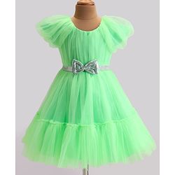 Babyhug Woven Cap Sleeves Party Wear Tiered Dress with Bow Applique - Neon Green