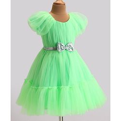 Babyhug Woven Cap Sleeves Party Wear Tiered Dress with Bow Applique - Neon Green