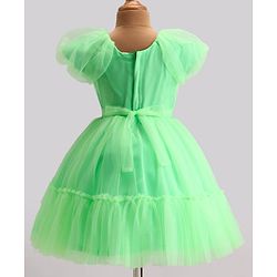 Babyhug Woven Cap Sleeves Party Wear Tiered Dress with Bow Applique - Neon Green