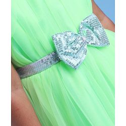 Babyhug Woven Cap Sleeves Party Wear Tiered Dress with Bow Applique - Neon Green