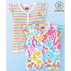Babyhug 100% Cotton Interlock Knit Frill Sleeves Antibacterial Front Open Vest Stripes & Floral Pack of 2 - Multicolor