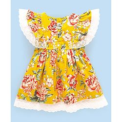 Babyhug 100% Viscose Woven Half Sleeves Frock with Floral Print - Yellow