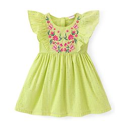Babyhug Cotton Woven Frill Sleeves Frock with Floral Embroidery - Mint