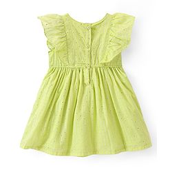 Babyhug Cotton Woven Frill Sleeves Frock with Floral Embroidery - Mint