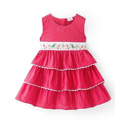 Babyhug Cotton Woven Sleeveless Layered Frock with Polka Dots Print & Bird Embroidery - Red