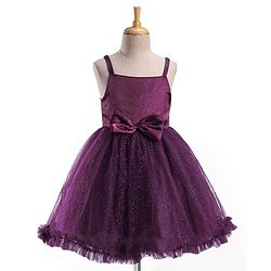 Babyhug Sleeveless Fit and Flare Glittery Party Frock with Bow Applique - Aubergine