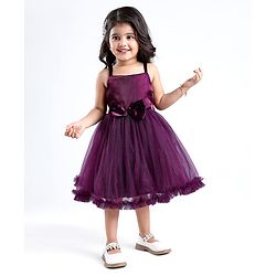 Babyhug Sleeveless Fit and Flare Glittery Party Frock with Bow Applique - Aubergine