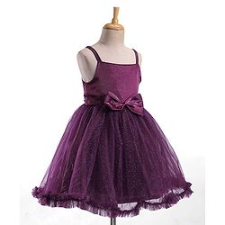 Babyhug Sleeveless Fit and Flare Glittery Party Frock with Bow Applique - Aubergine