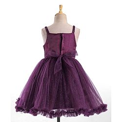 Babyhug Sleeveless Fit and Flare Glittery Party Frock with Bow Applique - Aubergine