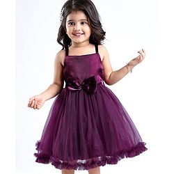 Babyhug Sleeveless Fit and Flare Glittery Party Frock with Bow Applique - Aubergine