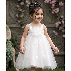 Babyhug Sleeveless  Dress With Corsage & Floral Applique -White