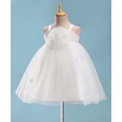 Babyhug Sleeveless  Dress With Corsage & Floral Applique -White