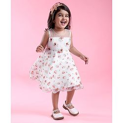 Babyhug Sleeveless Floral Printed & Applique Flared Party Dress - White