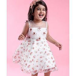 Babyhug Sleeveless Floral Printed & Applique Flared Party Dress - White