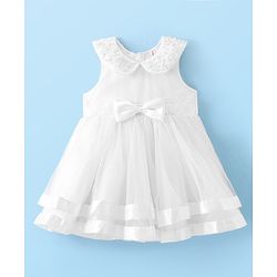Babyhug Sleeveless Party Fit & Flare  Frock with Pearl Detailing  & Bow Applique - White