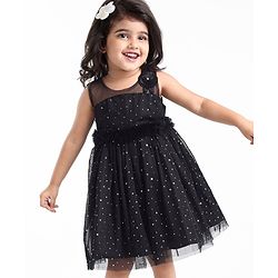 Babyhug Sleeveless Embellished Dress with Corsage Applique - Black