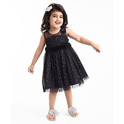 Babyhug Sleeveless Embellished Dress with Corsage Applique - Black