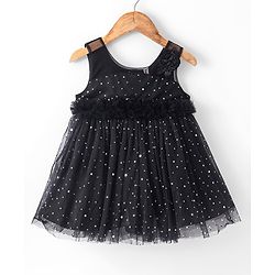 Babyhug Sleeveless Embellished Dress with Corsage Applique - Black