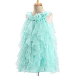 Babyhug Woven Sleeveless Party Wear Frilled Dress With Floral Applique - Mint Blue