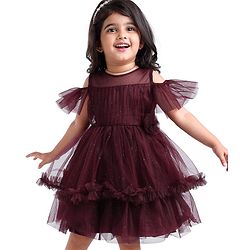 Babyhug Cold Shoulder Sleeves Shimmered Fit & Flare Party Frock with Floral Applique  - Maroon