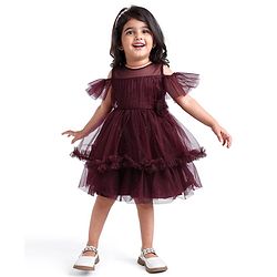 Babyhug Cold Shoulder Sleeves Shimmered Fit & Flare Party Frock with Floral Applique  - Maroon