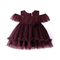 Babyhug Cold Shoulder Sleeves Shimmered Fit & Flare Party Frock with Floral Applique  - Maroon