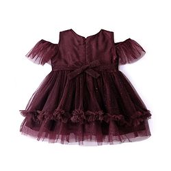 Babyhug Cold Shoulder Sleeves Shimmered Fit & Flare Party Frock with Floral Applique  - Maroon