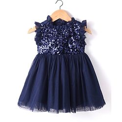 Babyhug Sleeveless Fit & Flare Party Frock with Sequinned Yoke Detailing - Navy Blue