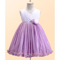 Babyhug Woven Sleeveless Fit and Flare Party Frock with Pleated Yoke & Floral Applique-Lavender & White