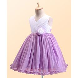 Babyhug Woven Sleeveless Fit and Flare Party Frock with Pleated Yoke & Floral Applique-Lavender & White
