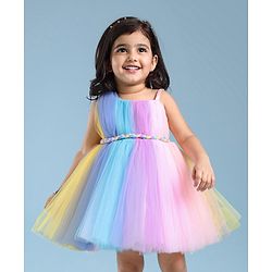 Babyhug Woven Sleeveless Fit and Flare One Shoulder Solid Color Party Frock -Multicolor