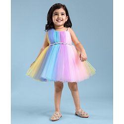 Babyhug Woven Sleeveless Fit and Flare One Shoulder Solid Color Party Frock -Multicolor