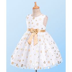 Babyhug Sleeveless Party Dress With Foil Print & Bow Detailing - White