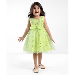 Babyhug Woven Sleeveless Star Foil Printed Party Frock with Bow Applique - Neon Green