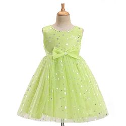 Babyhug Woven Sleeveless Star Foil Printed Party Frock with Bow Applique - Neon Green