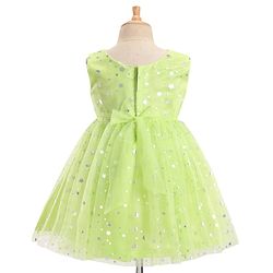 Babyhug Woven Sleeveless Star Foil Printed Party Frock with Bow Applique - Neon Green